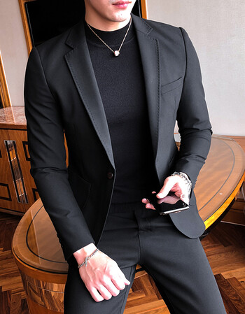 男修身小西装套装男 韩版潮流帅气单西装男士商务西服男 黑色 m