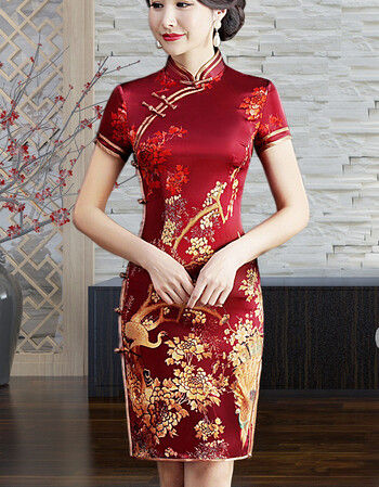 夏婚庆重磅改良真丝旗袍连衣裙中长款日常短袖修身桑蚕丝旗袍 酒红色