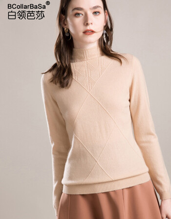 白领芭莎 纯羊绒衫女2018秋冬新款时尚百搭半高领绞花打底羊绒毛衣女