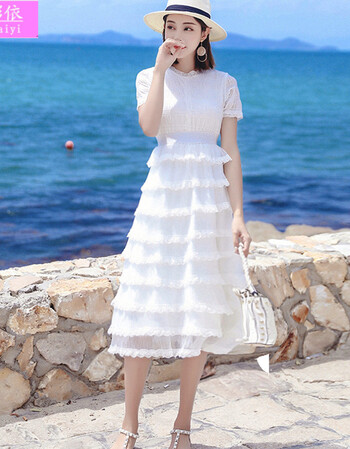 纤彩依 时尚性感渡假仙女裙连衣裙公主裙女长裙夏女神范白色优雅蓬蓬