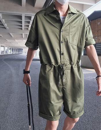 夏季宽松短裤韩版连体衣 工装连体裤男潮 军绿色 xl