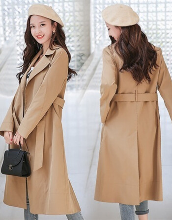 女士秋款纯色休闲街头气质长袖中长款长袖大翻领系带收腰2018秋季风衣