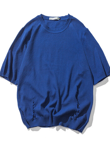 夏季破洞短袖针织衫男潮流情侣宽松上衣半袖圆领套头线衣 蓝色 l