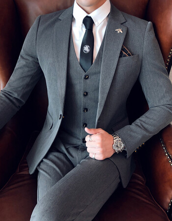 2018秋季新款西装男套装修身一套帅气休闲商务正装西服三件套学生 深