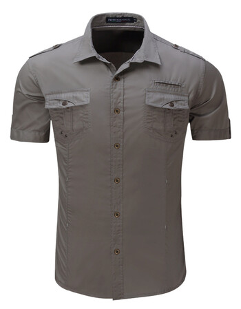 欧美男装短袖衬衣军旅风军装户外衬衫全棉 灰色 xl