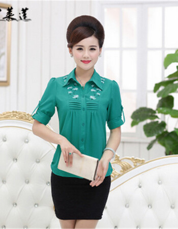 中老年新款女装纯色上衣t恤妈妈装夏装雪纺衬衫中时尚老年女装 青色