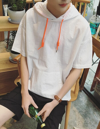 日系纯色蝙蝠袖男士宽松棉麻连帽体恤衫夏季青年短袖t恤潮半截袖 白色