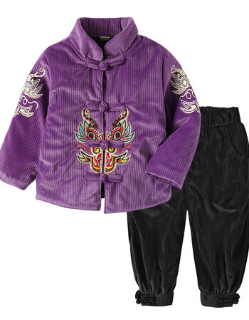 新唐装新男童中国风刺绣古装3宝宝加厚灯芯套装 (珍珍拼购店) 紫色
