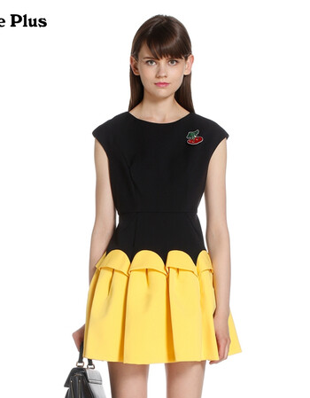five plus新女装气质拼接圆领无袖高腰连衣裙短裙2yl3082050 姜黄462