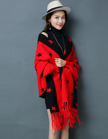 秋冬新款流苏披肩斗篷外套女韩版中长款宽松时尚毛衣针织衫潮 红色 l