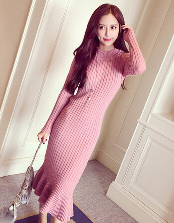 加厚针织鱼尾连衣裙秋冬性感修身显瘦中长款打底长裙 粉色 长款110cm
