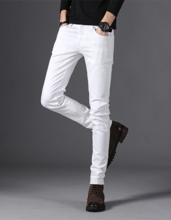 白色牛仔裤男夏季薄款修身弹力小脚裤男士韩版直筒潮流休闲长裤子 白