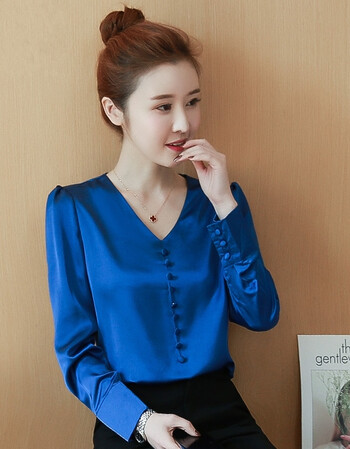 芷熙2018秋季新款雪纺衫上衣韩版通勤长袖小衫洋气v领打底衫女装 蓝色