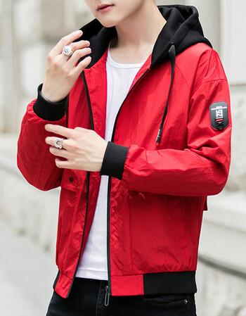 春秋2018韩版潮流港风chic外套男休闲连帽夹克薄款上衣男 红色8813