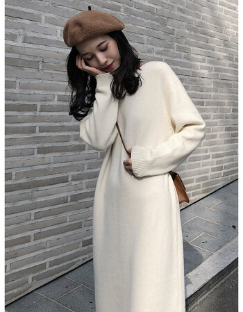 白色羊毛毛衣裙女2018秋冬新款过膝中长款打底针织连衣裙 白色 l