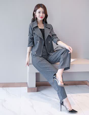 套装女时髦两件套2018秋装新款条纹气质百搭时尚潮流双排扣套装潮