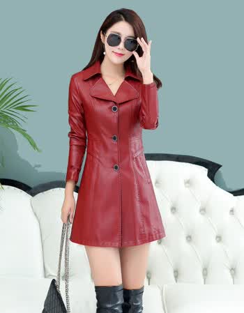 新品女式皮袄皮人造革草外套女士皮衣女外套女中长款女装加 红色红色