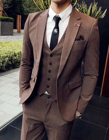 套装男士三件套韩版修身正装新郎结婚伴郎礼服英伦职业小西装 咖啡色