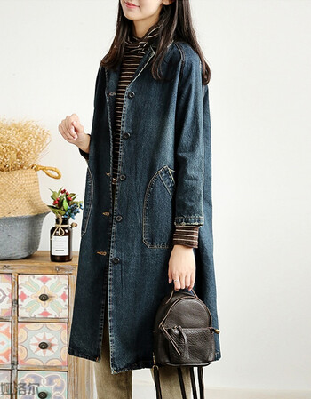 风衣女中长款宽松秋款外套女2018新款长袖大码女装牛仔大衣 牛仔蓝