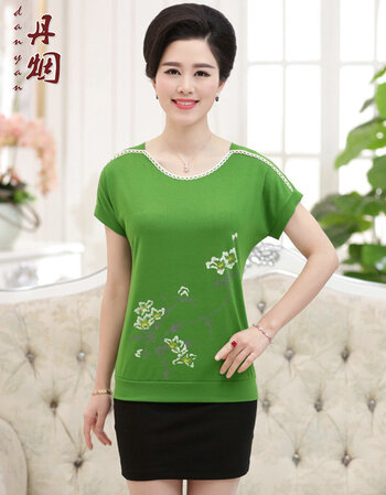 丹烟 夏装中老年女装妈妈装圆领印花休闲简约短袖t恤上衣 绿色 xl