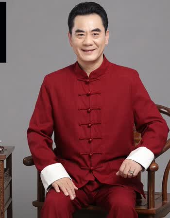 风中老年长袖男士唐装套装春秋中式爸爸爷爷秋装大码外套汉服 红色