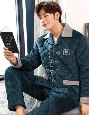 【京东优选 】睡衣男冬季加厚加绒棉三层夹棉法兰绒男士家居服珊瑚绒