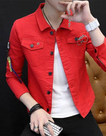 男士牛仔夹克2018春秋季帅气衣服潮流男装韩版修身学生红外套 红色 y