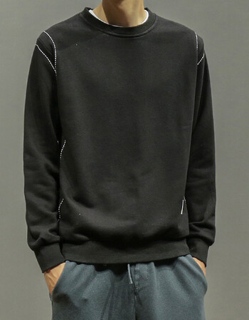 复古纯色圆领长袖男士卫衣韩版潮流修身薄款套头衫青年衣服男 黑色