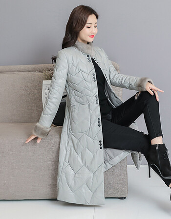 羽绒服女修身加绒中长款皮衣加厚皮绵皮草外套.