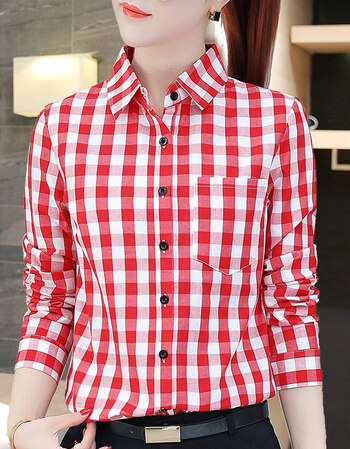 格子衬衫女长袖2018新款秋冬装保暖加绒加厚纯棉浅色衬衣 99688红白大