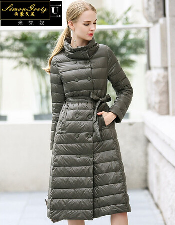 2018秋冬季新款时尚立领双排扣系带轻薄羽绒服女中长款女士时尚修身