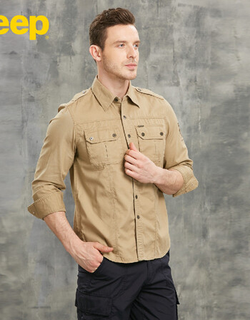 jeep 休闲军装款纯棉双袋净色男款长袖衬衣 卡其色 39