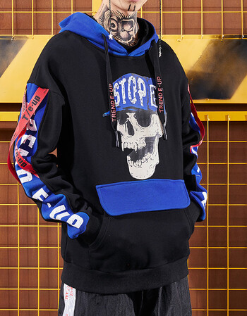 欧美高街嘻哈夜店朋克风骷髅印花宽松长袖连帽卫衣秋季男装外套潮