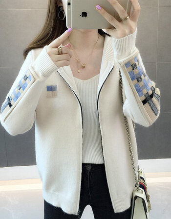 外套女2018新款长袖连帽针织开衫女韩版宽松拉链短款休闲毛衣 白色 s