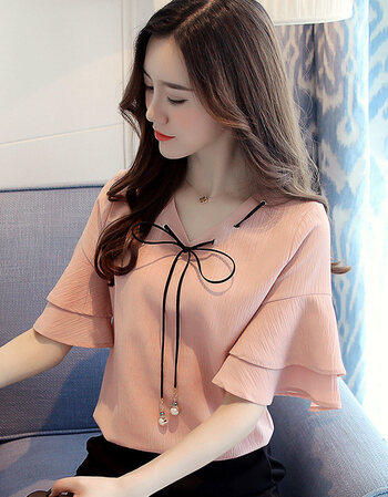 夏装2018新款女装遮肚子显瘦雪纺衫宽松短袖小清新超仙上衣潮洋气#69