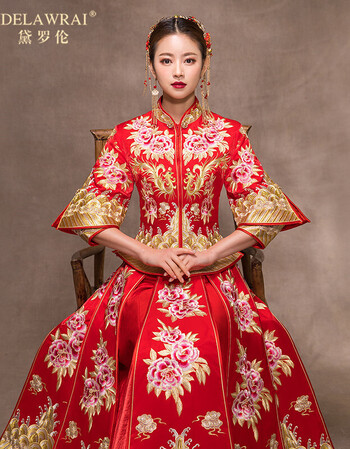 黛罗伦刺绣秀禾服女中长款2018秋冬新款结婚礼服中式婚纱敬酒服凤冠