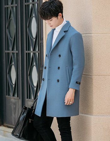 男士风衣2018秋冬季潮流时尚韩版中长款呢子大衣英伦外套披风j 浅蓝色