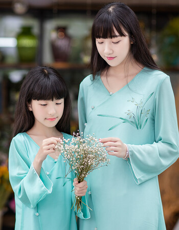 霓裳850050民族风女装复古文艺茶人服连衣裙中国风姐妹装夏季 白青色