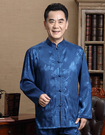 中式盘扣唐装男中国风中老年长袖衬衫民族服加肥加大码休闲春秋季爸爸