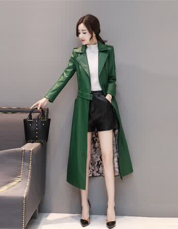 mll皮衣女2018秋装新款时尚大码女装中长款过膝风衣皮大衣 草绿色 m