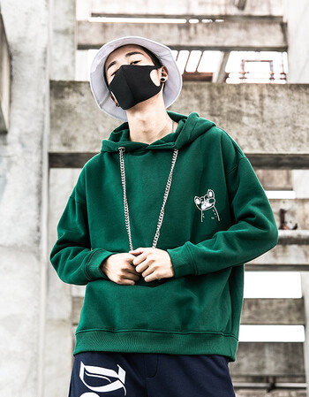 仕加绒卫衣男2018新款青年潮流帅气简约纯色加厚保暖套头连帽衫 绿色