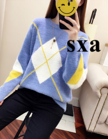 绒拼色打底针织衫2018秋冬新款短款宽松慵懒风ins超火毛衣女 蓝色拼白