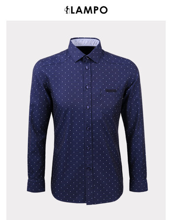 lampo/蓝豹衬衫男秋季潮流修身深蓝底浅蓝剪花长袖衬衫男 深蓝底浅蓝