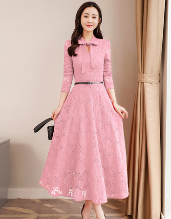 2018新款修身打底长裙新娘结婚回门敬酒服红色蕾丝内搭连衣裙 粉色 配