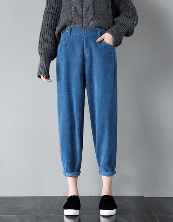 灯芯绒裤子女宽松韩版2018新款秋冬萝卜阔腿条绒哈伦休闲直筒 蓝色 l