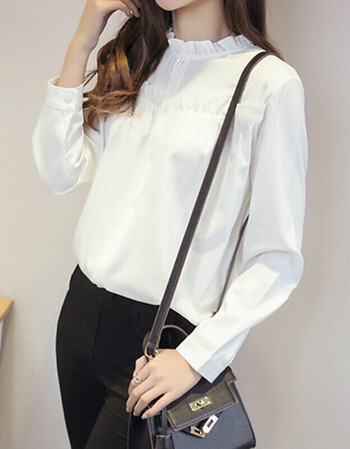 韩版秋季新款ol通勤女装木耳领白衬衫女长袖修身显瘦上衣zyx 白色 s