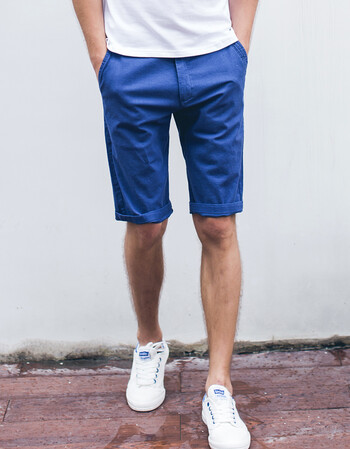 普伦夏天薄款棉工装男士短裤纯色修身五分裤沙滩裤休闲短裤男 彩蓝色