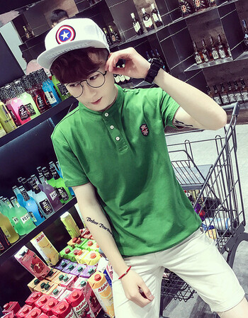 夏款男士夏装短袖t恤韩版修身立领polo衫彩棉衫加肥加大码t桖 绿色