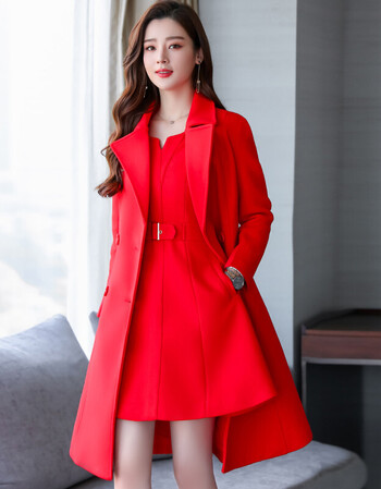 敬酒服新娘毛呢连衣裙两件套秋冬季新款结婚小礼服回门衣服女 大红色