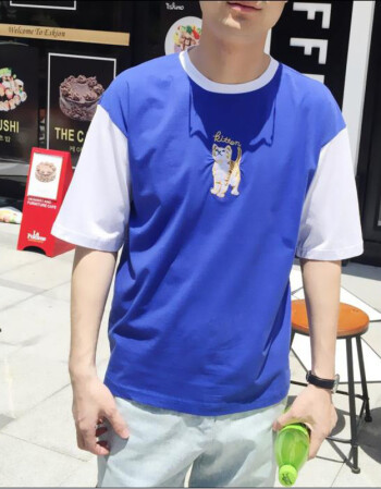 港仔夏装小清新男生休闲刺绣潮t恤衫青少年圆领五分短袖男 蓝色 l